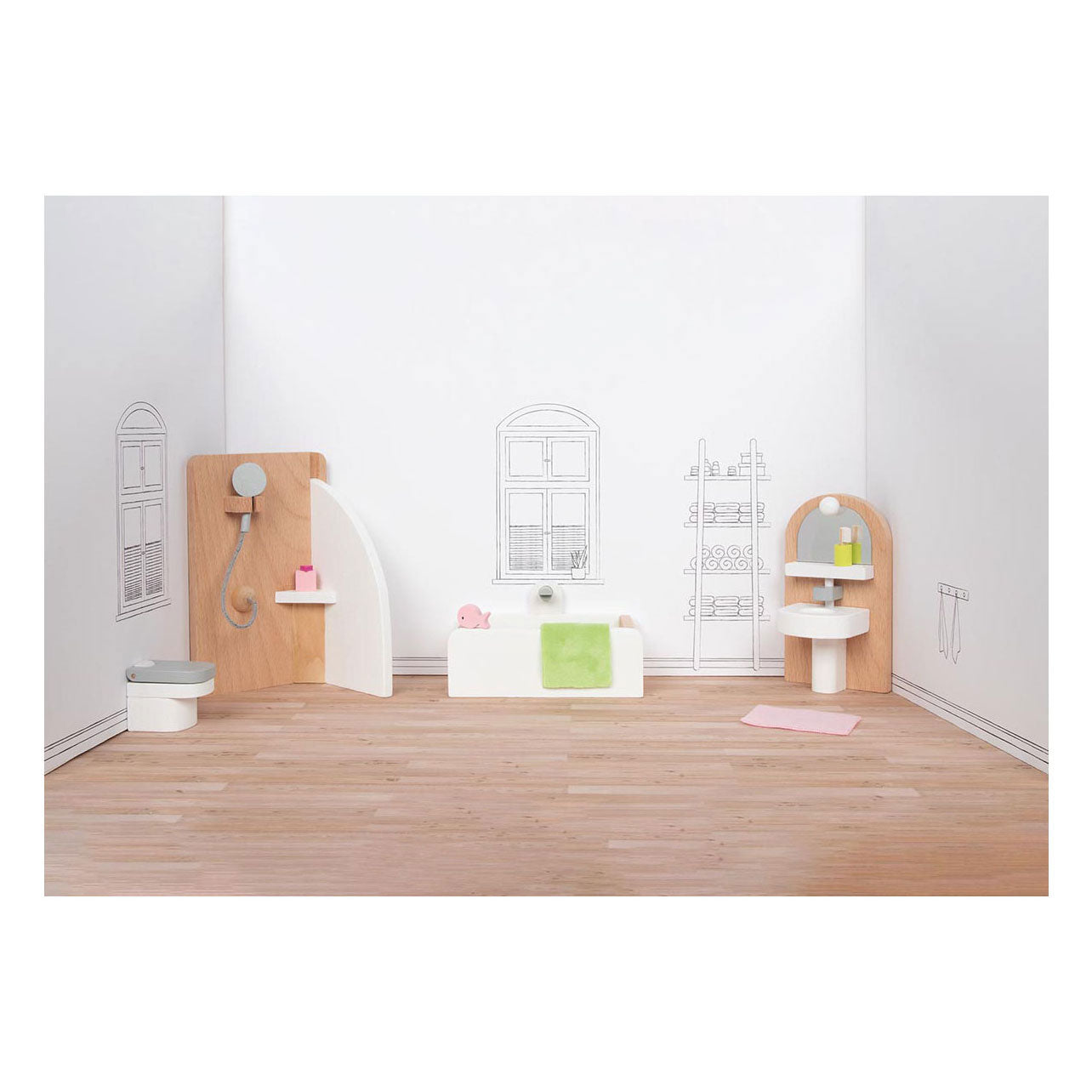 Baño de muebles de marionetas de madera Goki, 10dlg.