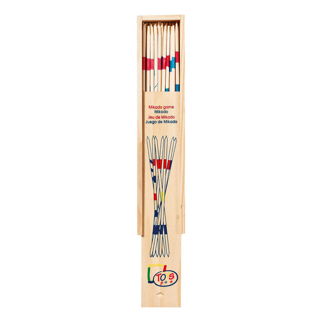 Juego de madera mikado en caja de almacenamiento de madera