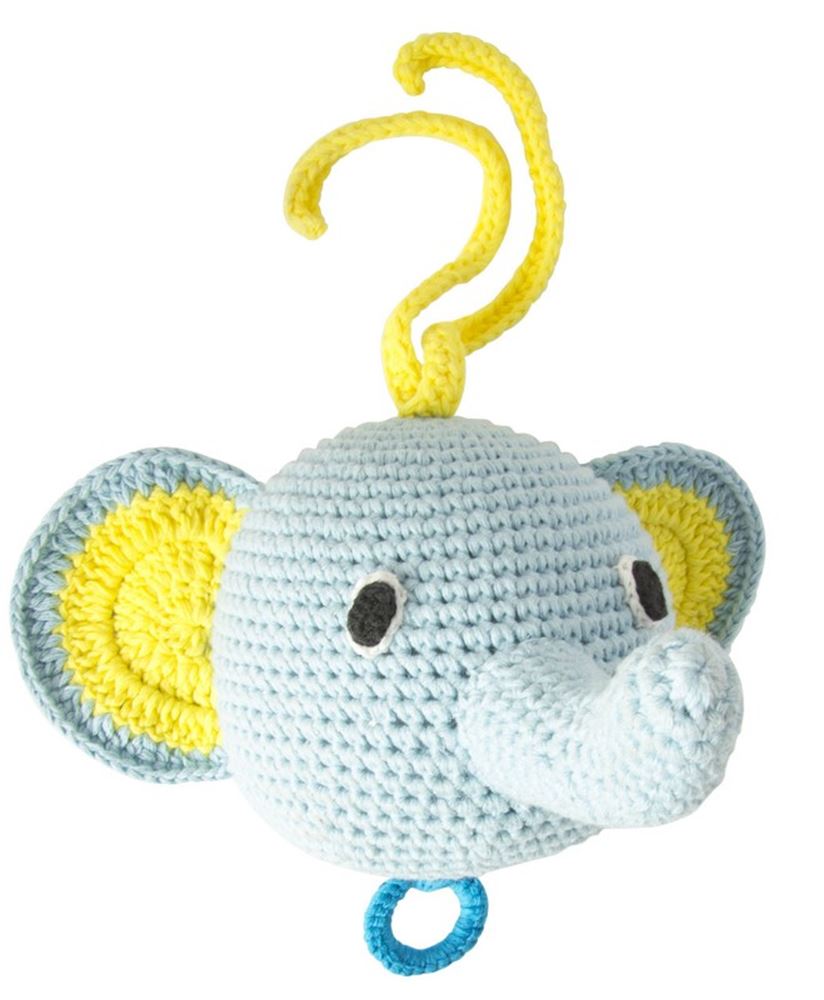 Elefante musicale all'uncinetto di colore azzurro. 3+