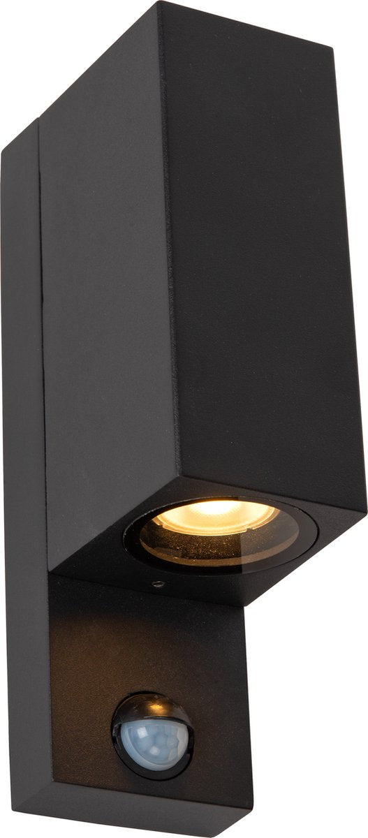 Lucide zaro - aplique de pared para interiores y exteriores - 2xgu10 - ip65 - sensor de movimiento día noche (conmutable) - negro