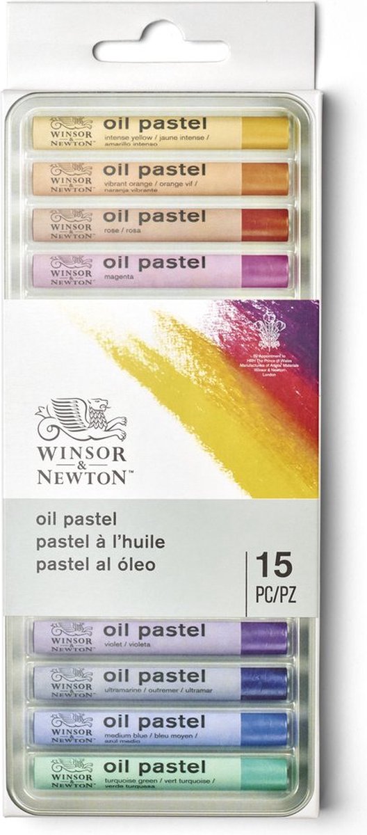 Winsor Newton 1890001 Juego de pasteles al óleo, 15 piezas, pasteles al óleo expresivos y altamente pigmentados en caja de metal