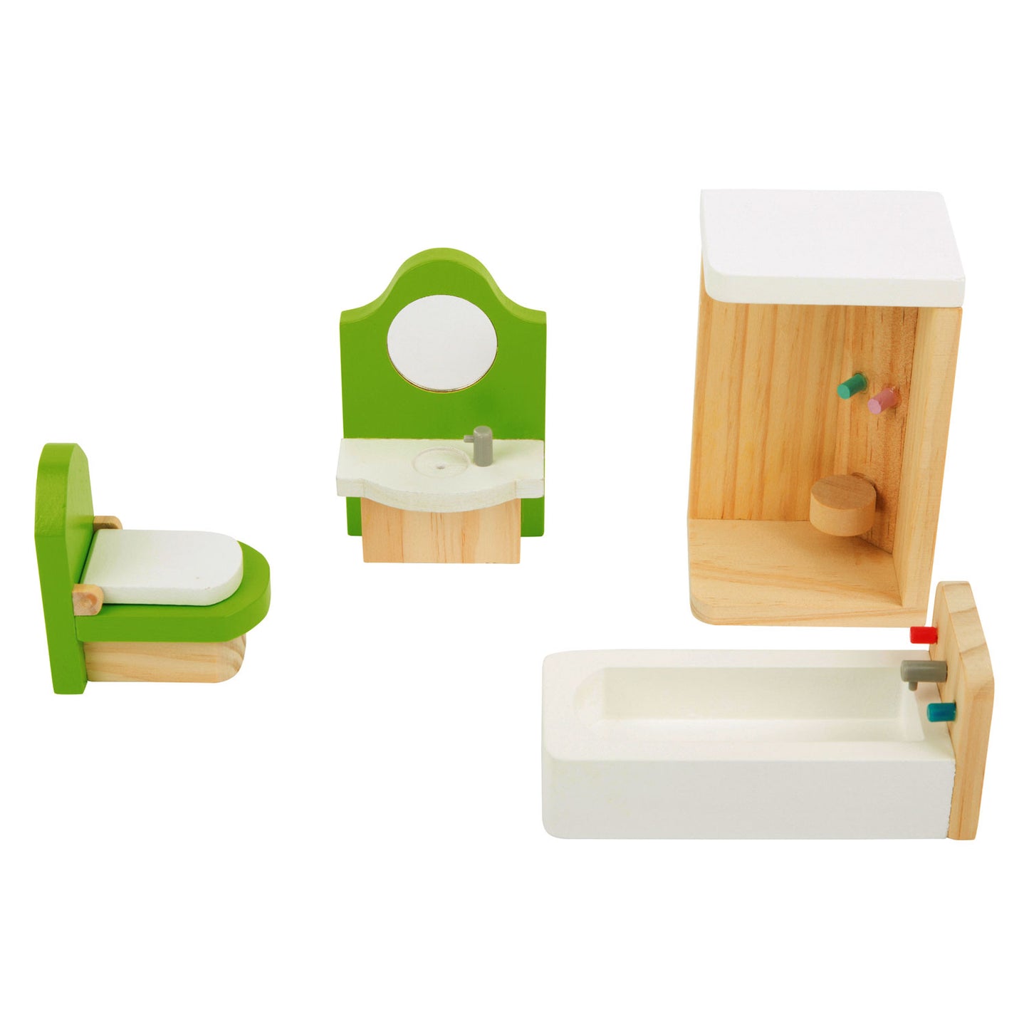 Baño de muebles de casa de muñecas de madera de pie pequeño, 4dlg.