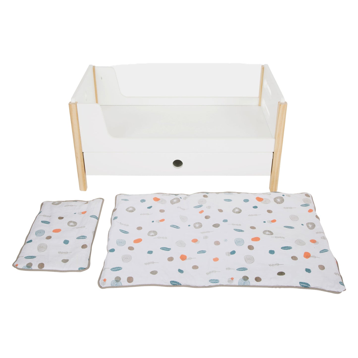 Piccole cuffia per letti con bambola in legno con letti, 6dlg.