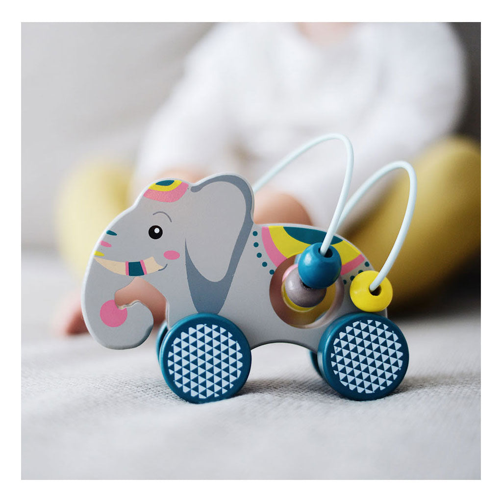 Figura de empuje de madera de pie pequeño Elefante con motor Piral