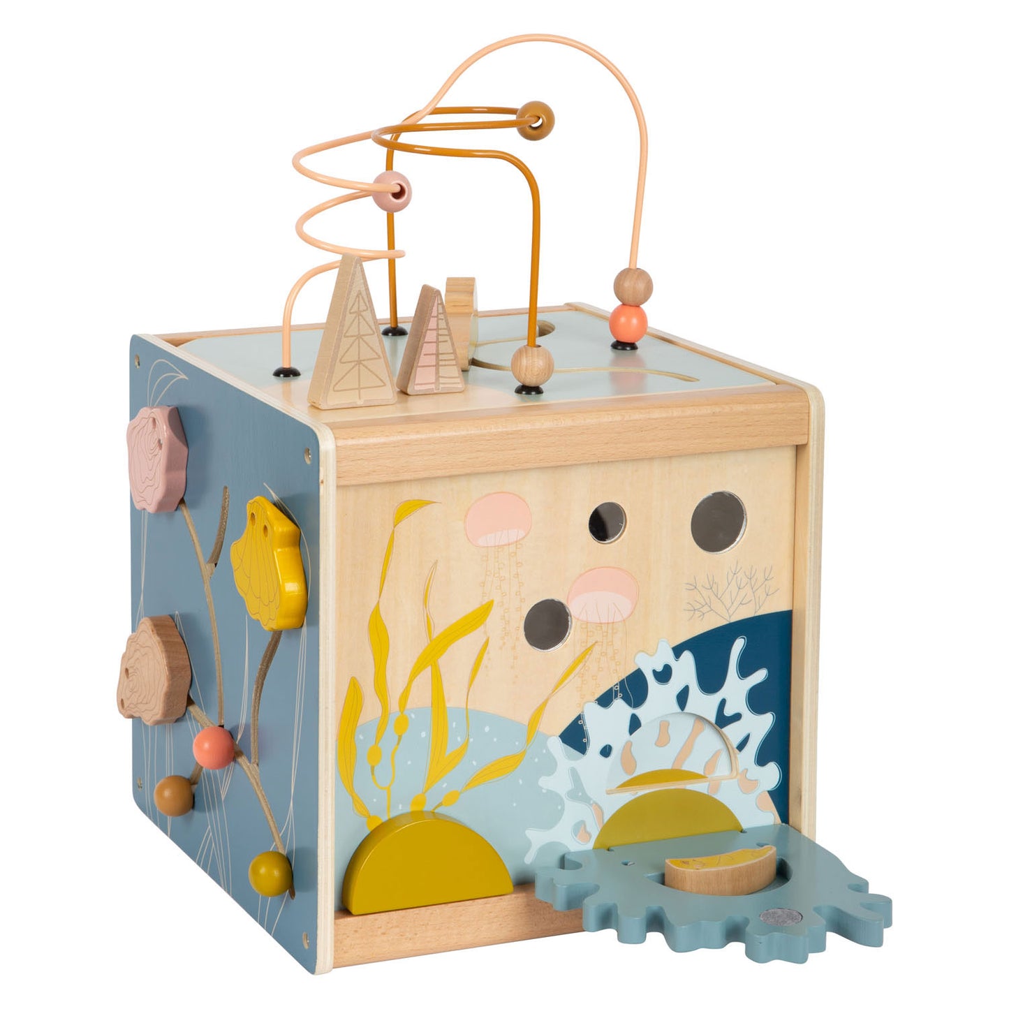 Cubo di attività in legno di piccoli piedi con costa pirale motoria