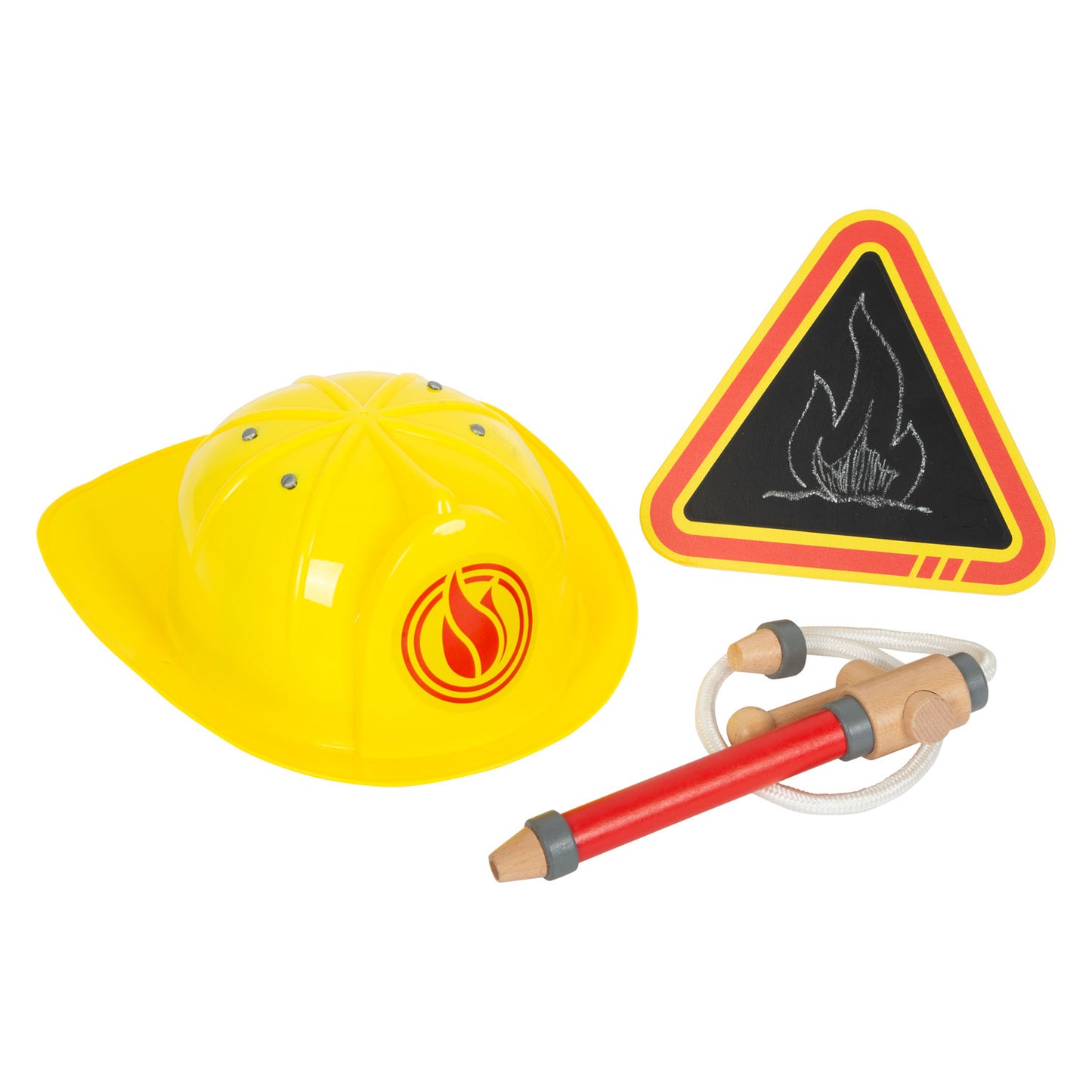 Zaino per vigili del fuoco di piccoli piedi con attributi di brigata di vigili del fuoco in legno, 8dlg.