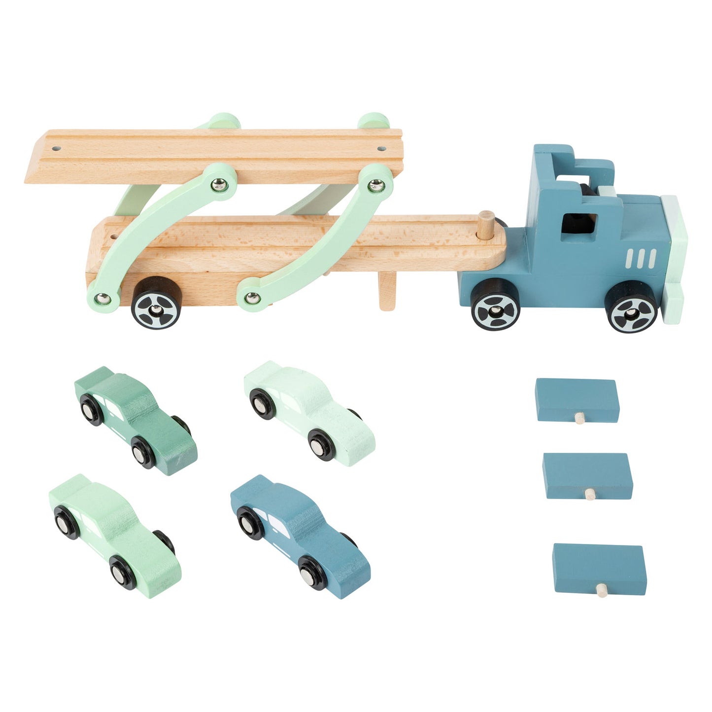 Transportador de camiones de madera de pie pequeño Chicago con automóviles, 9dlg.