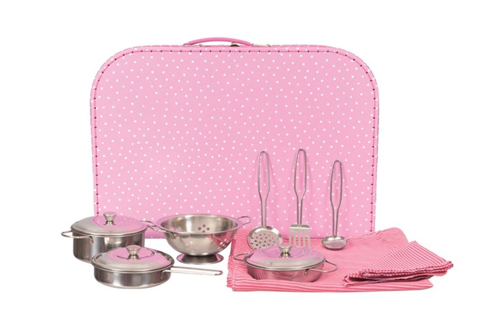 Set di pentole in metallo in custodia rosa. 38x26x8