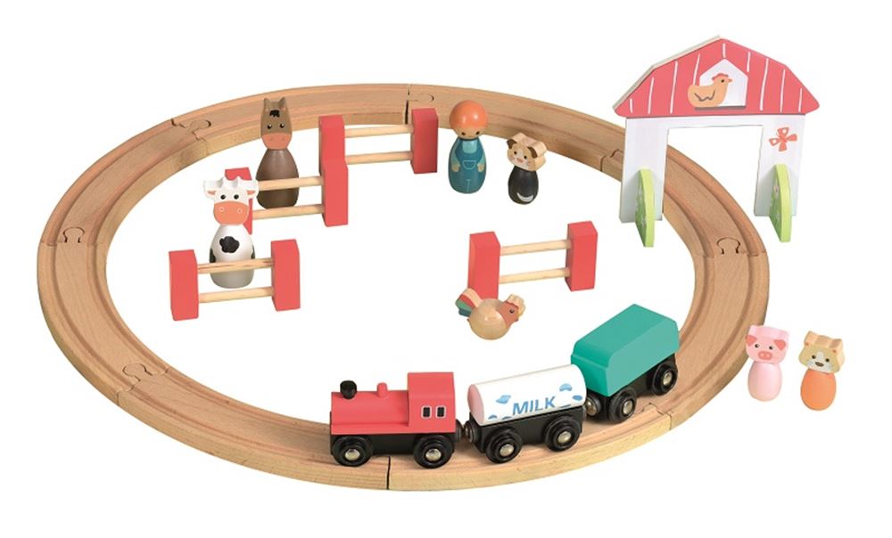Binario in legno con treno e personaggi.