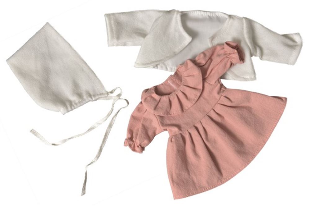 Abito da bambola, cardigan e cappello rosa bianco. 1+