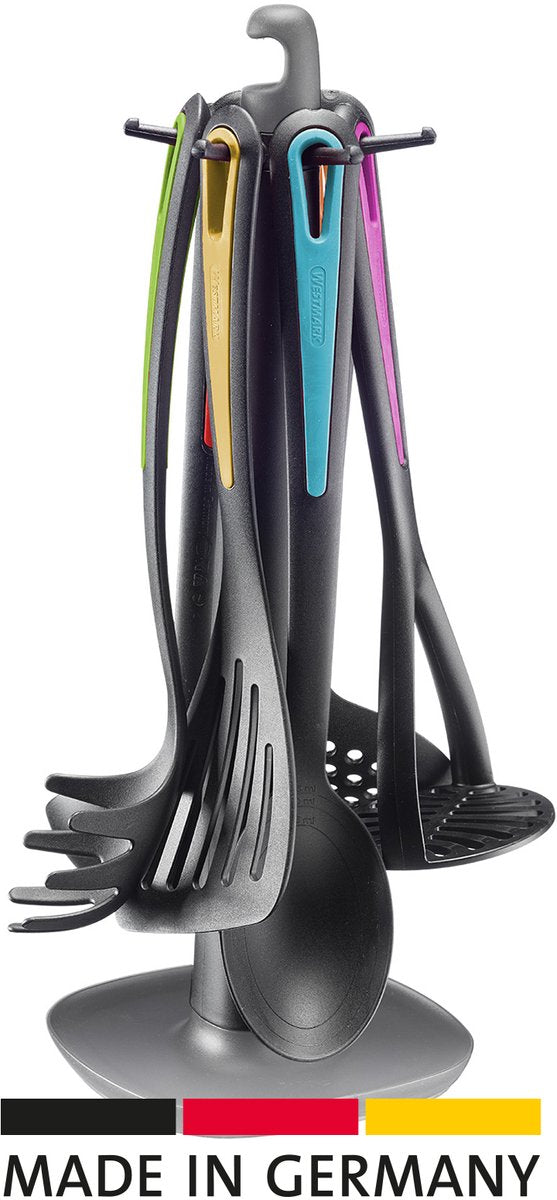 Stoviglie Westmark - Galant standard rotante con schiacciapatate, cucchiaio per verdure, cucchiaio per spaghetti, cucchiaio per zuppa, schiumarola e spatola - set multicolore da 7 pezzi