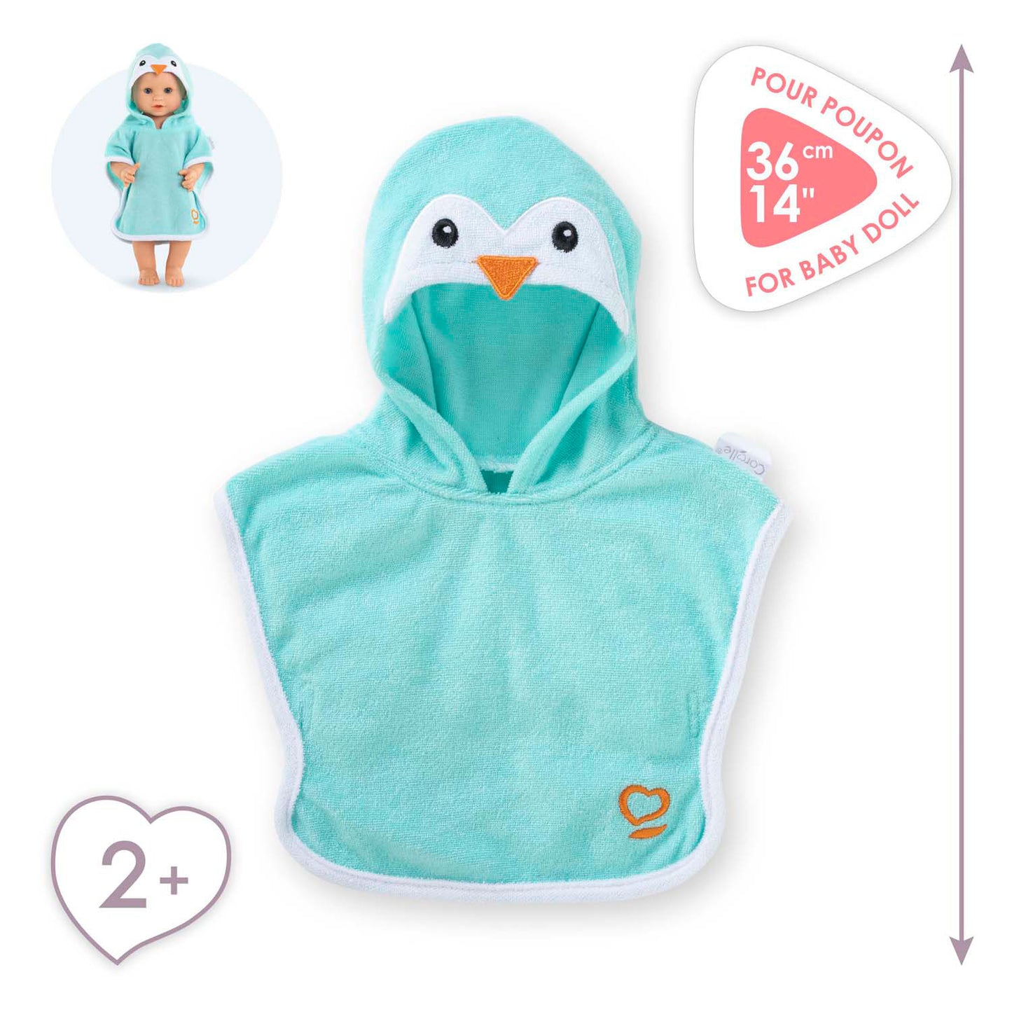Corolle badcape babypop pinguin 36cm - poppenaccessoire blauw.