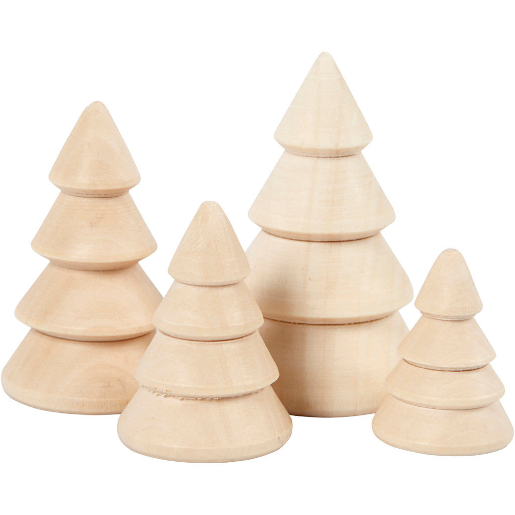 Creativ company Alberi di Natale in legno, h: 3,3+4,3+5,3+6,3 cm, d 2,3+3+3,2+4 cm, 4 pezzi 1 scatola