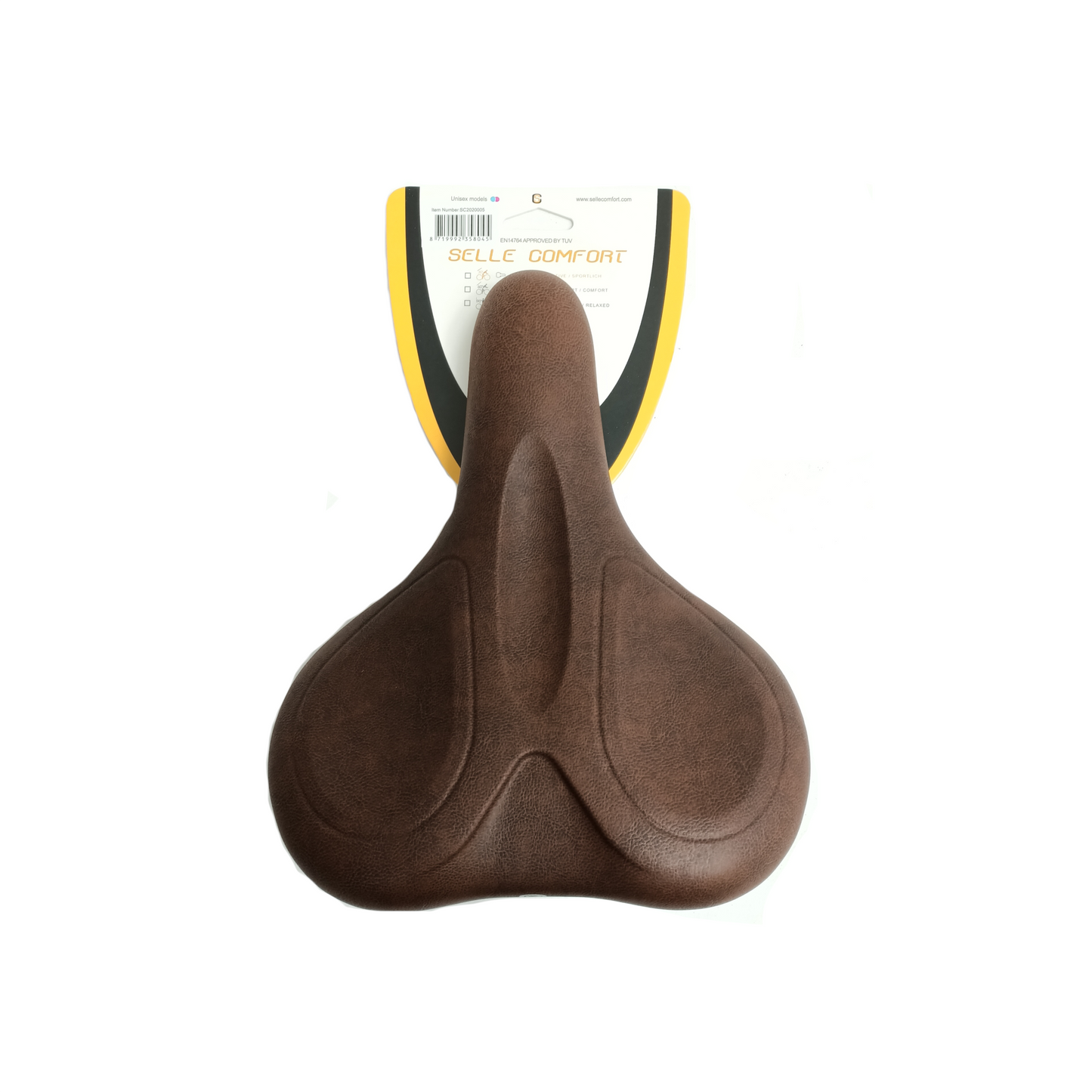 Selle Comfort Saddle E-Bike E-Bike Soft Medium Brown con manija, sin una honda.