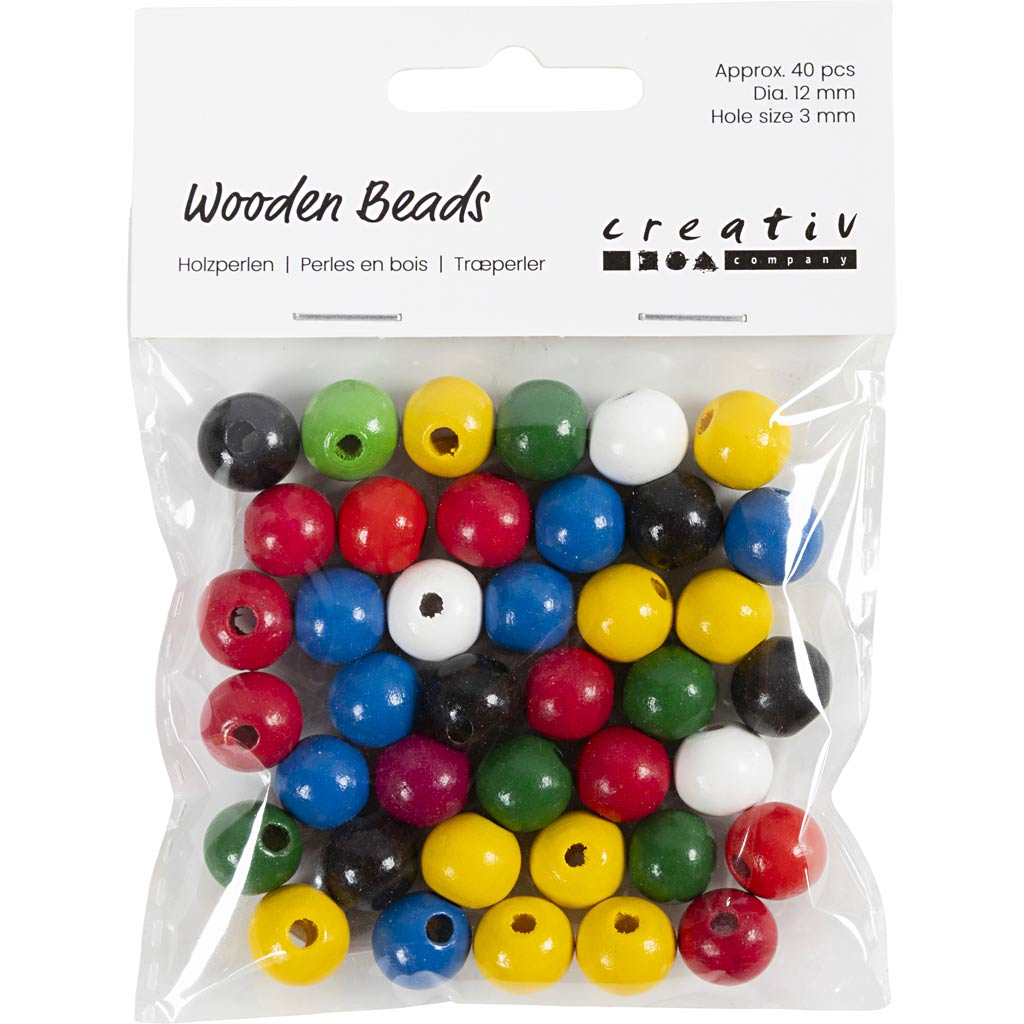 Cuentas de madera Creativ Company, dia 12 mm, medida del agujero 3 mm, aprox. 40 div, varios colores, 22 g 1 caja