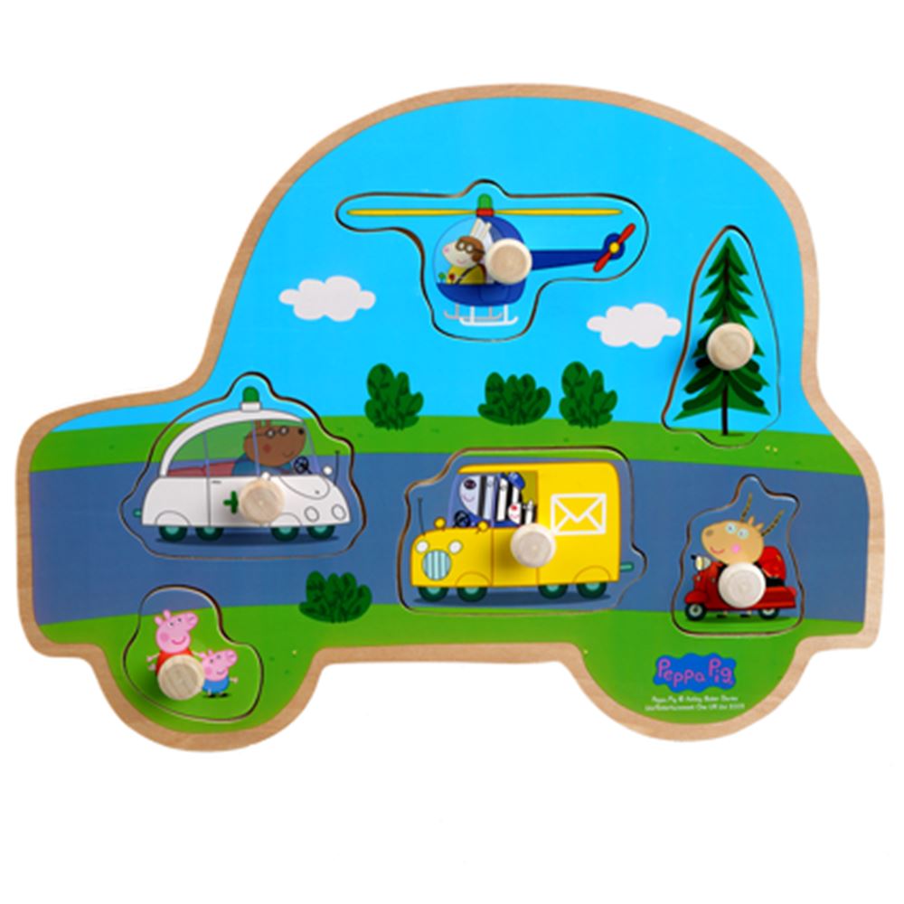 Peppa pig houtenknoppuzzel. vervoer. 3+