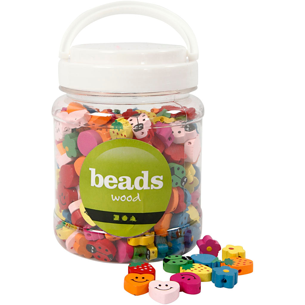 Figuras de cuentas de madera de Creativ Company, Dim 15-20 mm, tamaño del agujero 1.5 mm, aprox. 325 piezas, 235 gr, 700 ml 1 caja