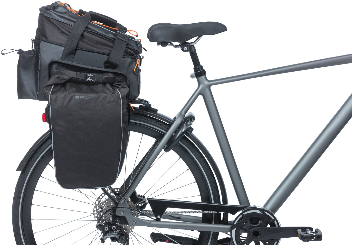 Basil Miles XL Comportamiento de comportamiento Bolsa impermeable Bolsa negra para bicicleta eléctrica 36L MIK Sistema