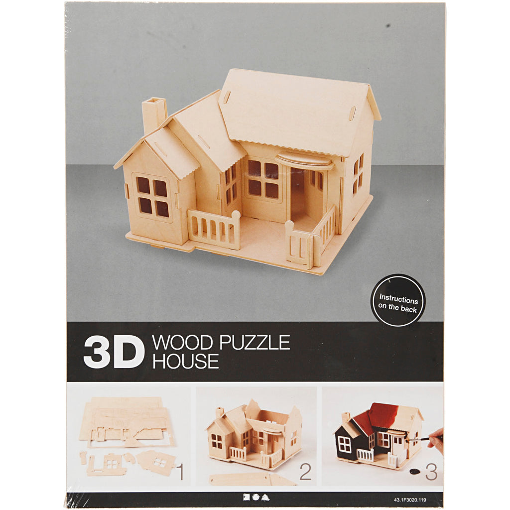 Creativ company Set de construcción de madera 3D, casa con terraza, dimensiones 19x17,5x15, 1 pieza
