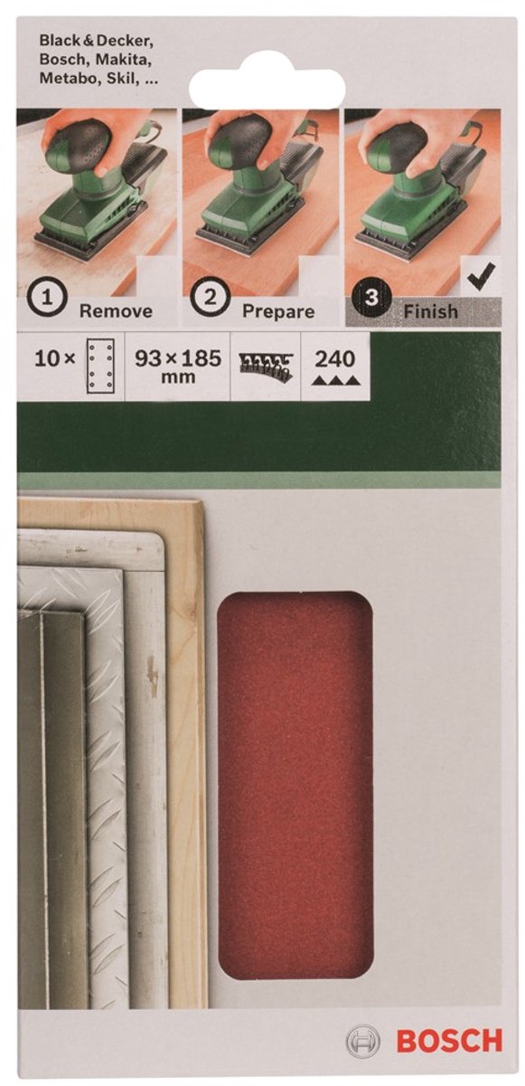 Juego de hojas de lija Bosch de 10 piezas para lijadora orbital 93 x 185 mm - grano 240