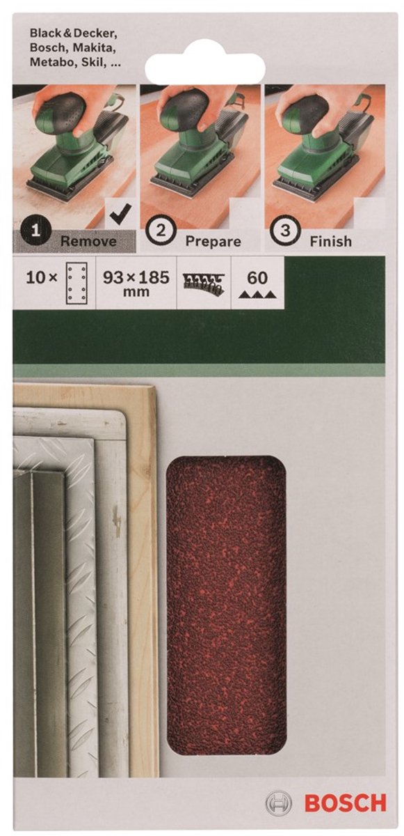 Juego de hojas de lija Bosch de 10 piezas para lijadora orbital 93 x 185 mm - grano 60