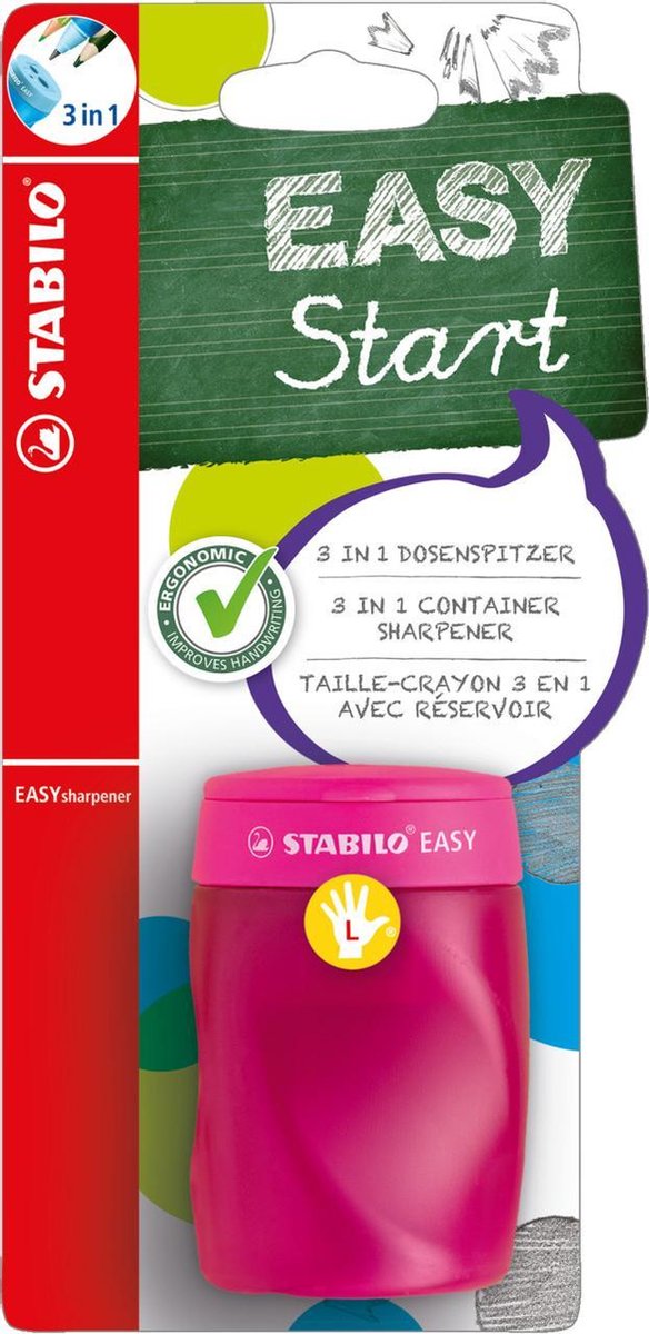 Stabilo easysharpener - temperamatite ergonomico 3 in 1 - per mancini - rosa - adatto a tutte le matite