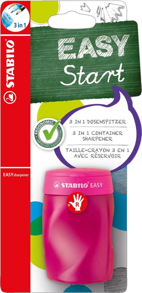 Stabilo easysharpener - temperamatite ergonomico 3 in 1 - per destrimani - rosa - adatto a tutte le matite