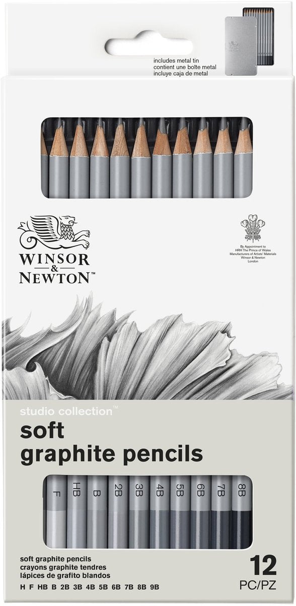 Winsor Newton 0490007 Juego de 12 lápices de grafito profesionales - Lápices de dibujo suaves Lápices de dibujo H a M 9B en lata de metal