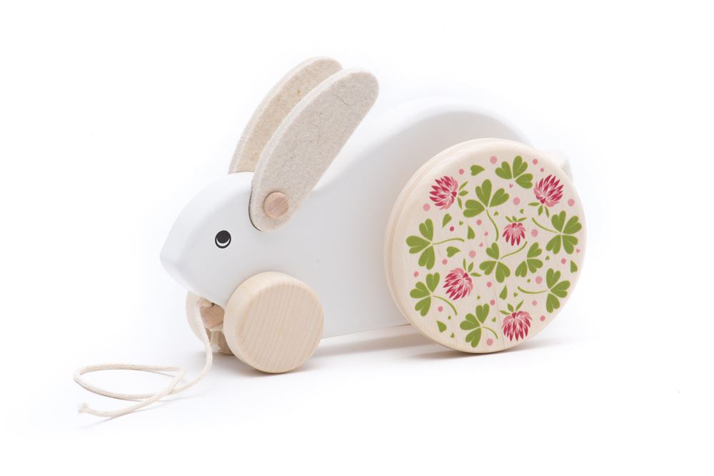 Muñeco de arrastre bajo de madera, conejo grande, blanco