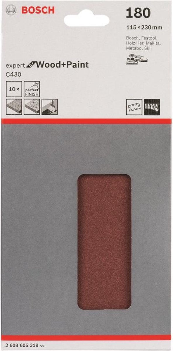 Bosch - Juego de hojas de lija de 10 piezas 115 x 230 mm, 180