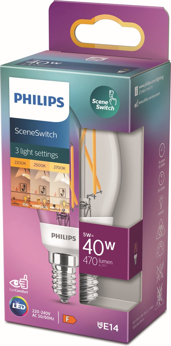 Philips interruptor de escena de vela LED transparente - 40 W - E14 - luz blanca cálida