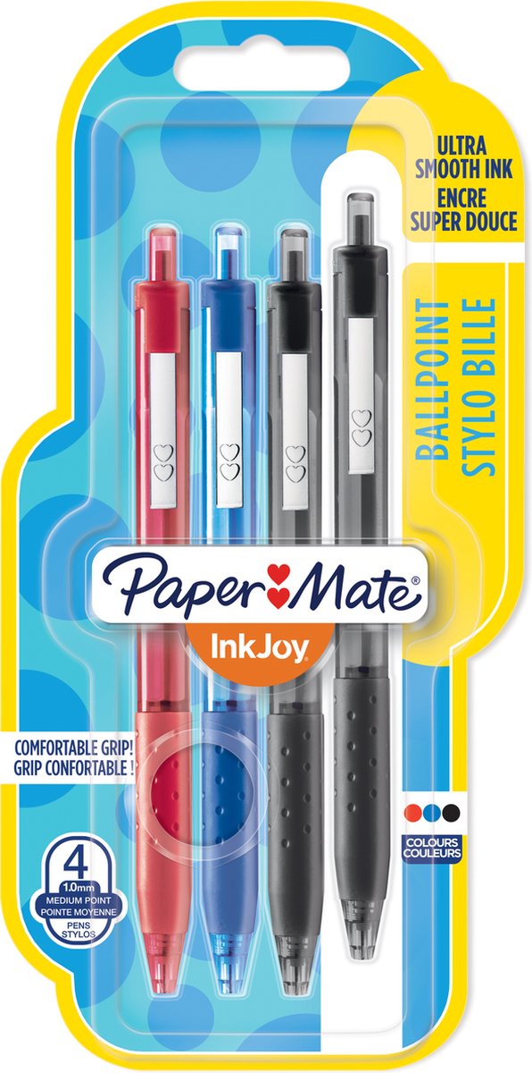 Penne a sfera Paper Mate Inkjoy 300RT con pulsante | punto medio (1,0 mm) | nero, blu e rosso | 4 pezzi