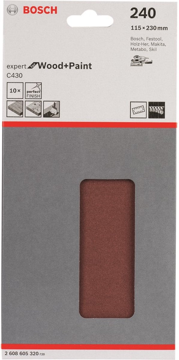 Bosch - Juego de hojas de lija de 10 piezas 115 x 230 mm, 240