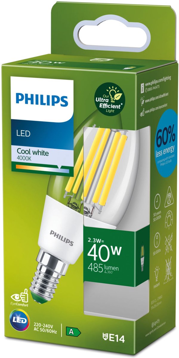 Philips led philips ultra efficient led kaarslamp transparant - 40 w - e14 - koelwit licht
