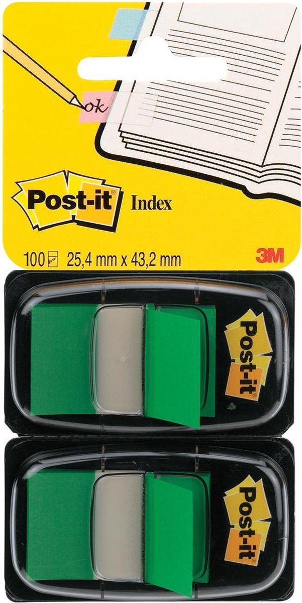 Paquete dúo estándar Post-it ® index, verde, 25,4 x 43,2 mm, dispensador de 50 pastillas