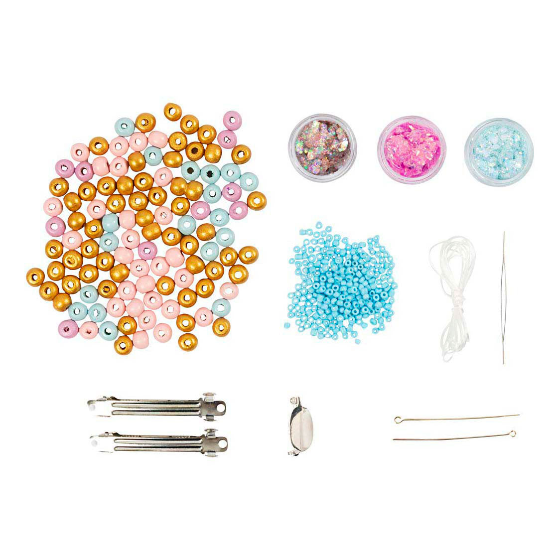 Mini set hobby di Creativ Company gioielli, collana, braccialetto, clip, spilla, blu, azzurro, rosa pastello, 1 scatola