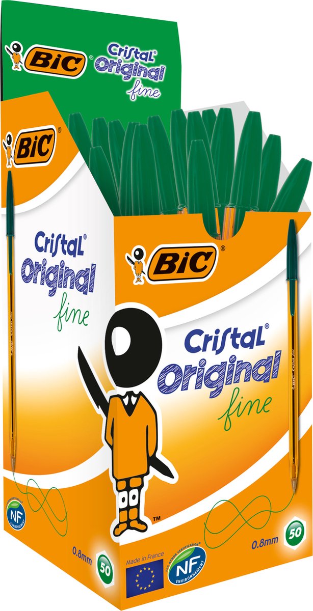 Penne a sfera sottili originali Bic Cristal - verde - scatola da 50 pezzi - punta sottile 0,8 mm