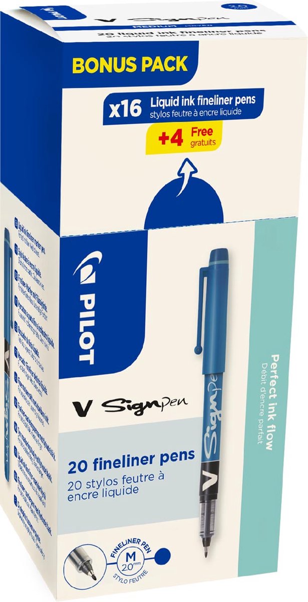 Penna Pilot fineliner v-sign, scatola da 16 + 4 pezzi, blu