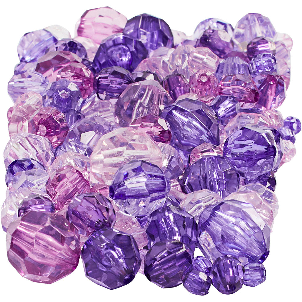 Perle sfaccettature Creative Company, Dim 4-12 mm, dimensione del foro 1-2,5 mm, ca. 860 pezzo, viola, 250 g 1 scatola
