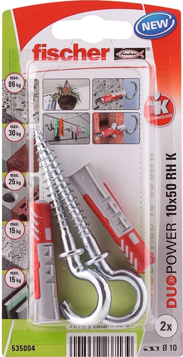 Fischer duopower serie - universele plug met ronde haak - 10x50mm - set van 2 - grijs rood
