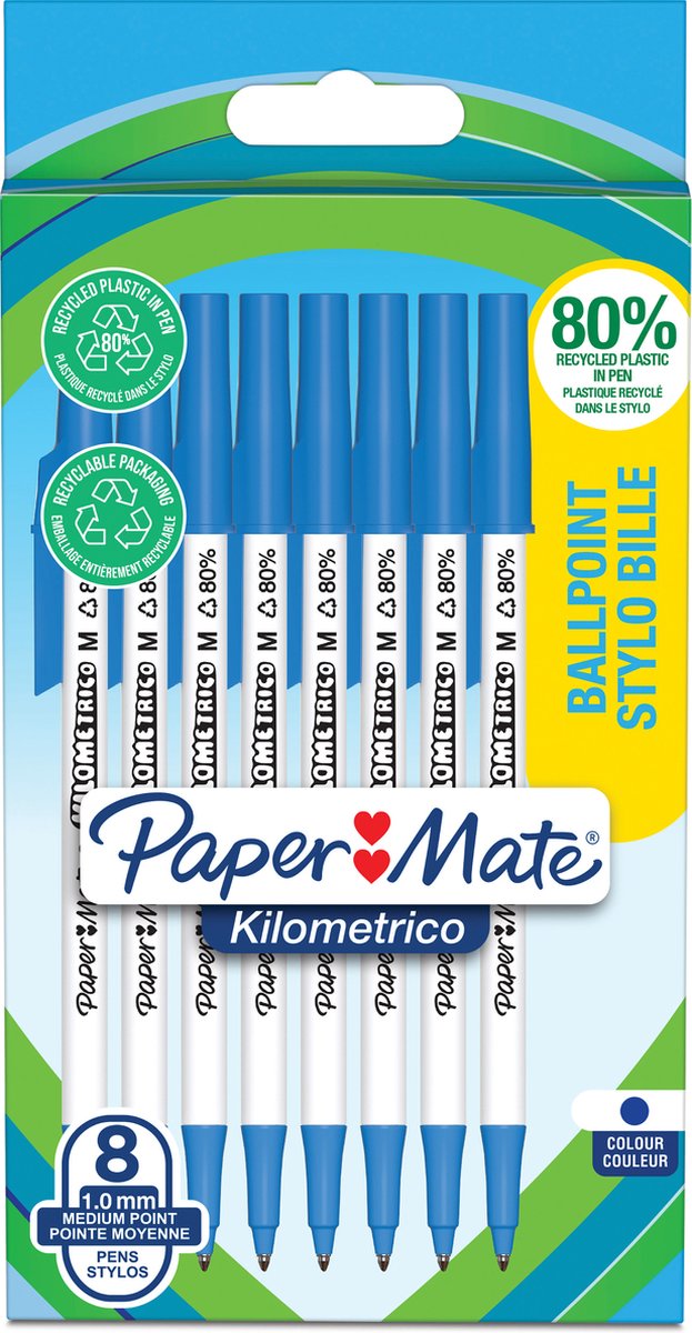 Penne a sfera Paper Mate kilometrico | tempo di scrittura lungo con punta media (1,0 mm) | inchiostro blu | 80% plastica riciclata | 8 pezzi