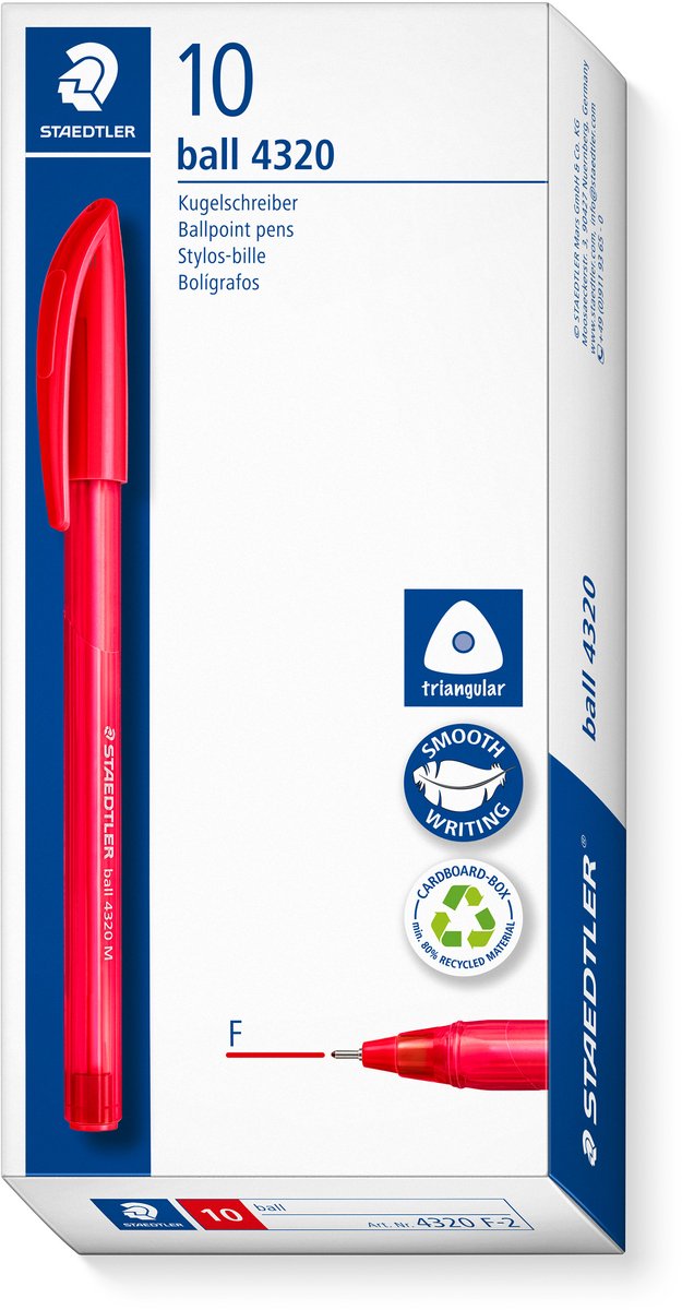 Staedtler ball 4320 - penna a sfera triangolare - rossa - fine - scatola da 10 pezzi