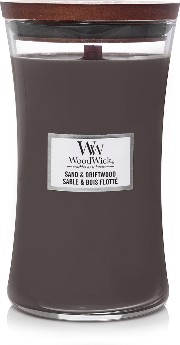 Vela perfumada grande Woodwick Hourglass - madera flotante de arena - 130 horas de combustión