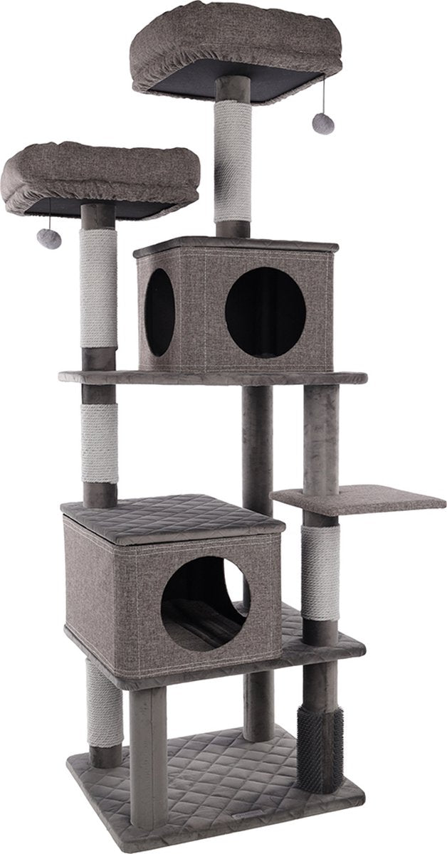 Tiragraffi Flamingo – Grigio Aurora – 80x70x171 cm – Tiragraffi di lusso con riparo, cestino giochi – Mobili per gatti con spazzola massaggiante con corda antigraffio – Per tutte le razze di gatti