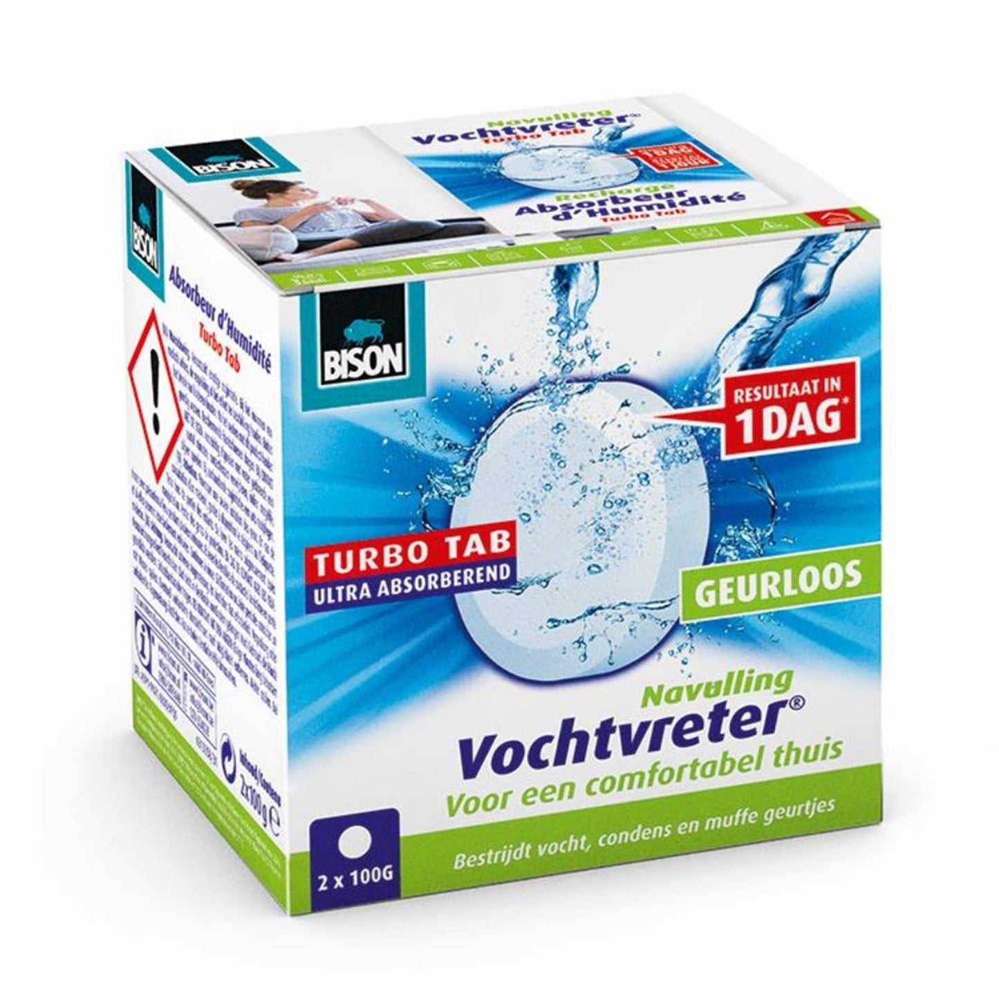 Bison vochtvreter® navultablet 2x 100 g, luchtontvochtiger, geschikt voor vochtvreter® ambiance, bestrijd hoge luchtvochtigheid, geen batterij nodig, ook geschikt voor caravans en campers