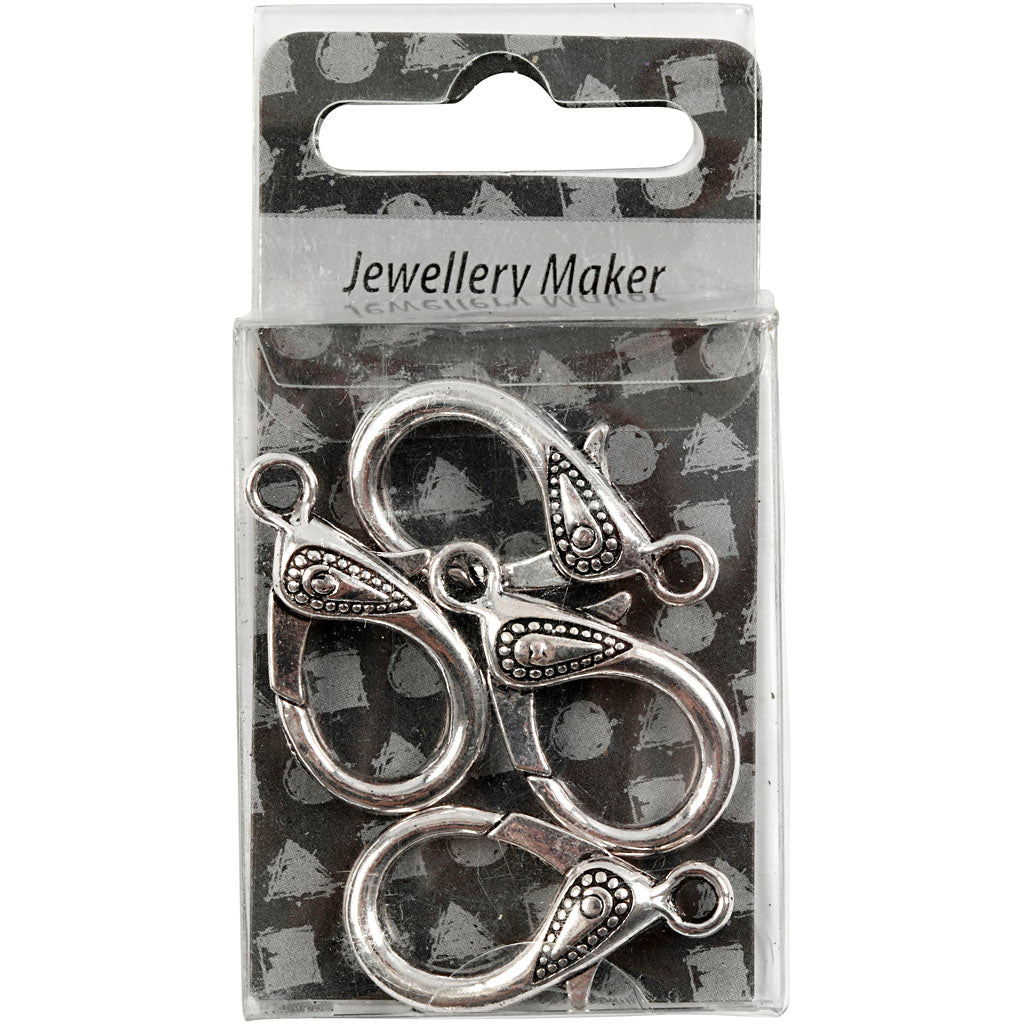 Chiusura a moschettone dell'azienda Creativ, L: 30 mm, misura del buco 3 mm, argento antico, 4 pezzi 1 scatola