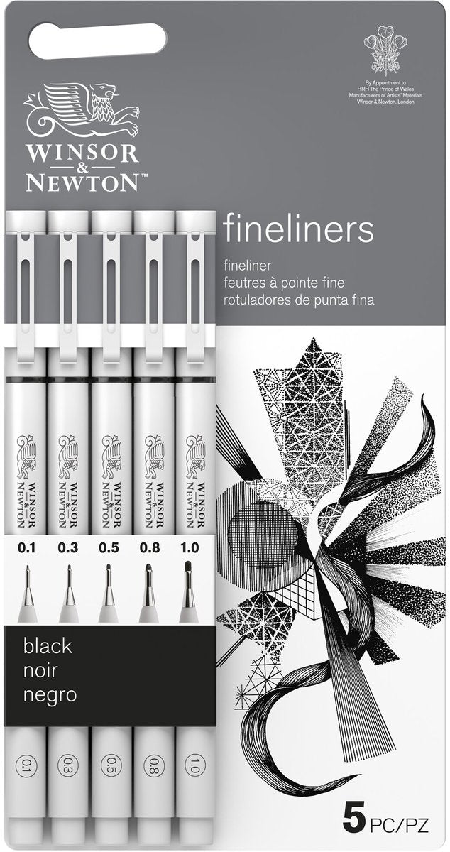Winsor Newton Fineliner Set Black – 5 tamaños de punta (0,1–1,0 mm) – Tinta pigmentada resistente al agua para dibujar y dibujar