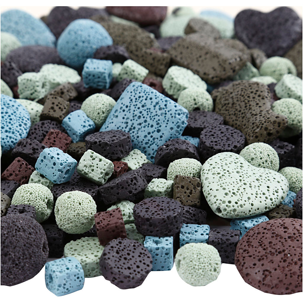 Cuentas de lava de Creativ Company, medidas 6-37 mm, medida del agujero 1+2 mm, el contenido puede variar, aprox. 890 piezas, varios colores, 20 vueltas 1 caja