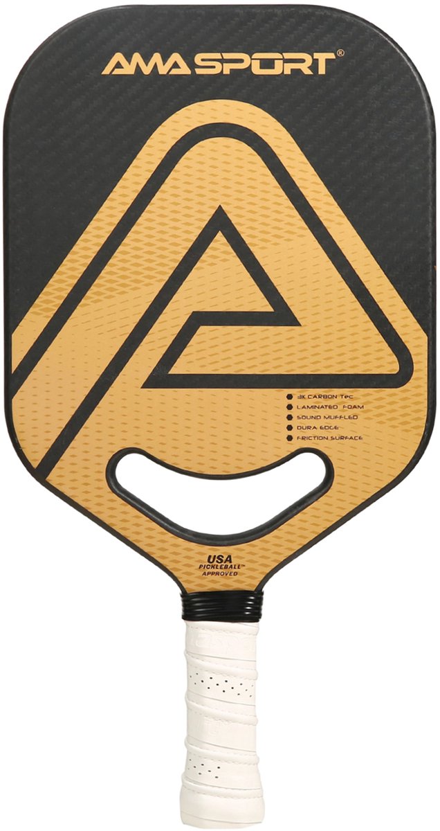Ama sport pickleball paddle pp002-3kg oro negro - Superficie de carbono 3k - Núcleo de 20 mm - Garganta dinámica de aire aero-duraedge -
