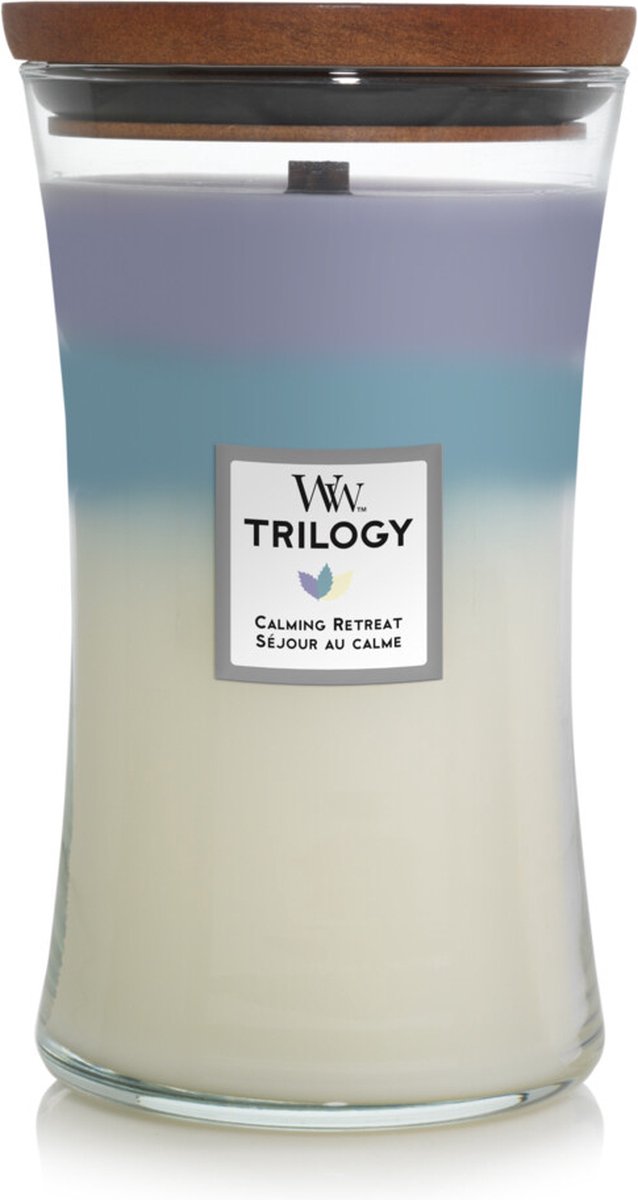Vela perfumada grande Woodwick Hourglass Trilogy - Retiro calmante - 130 horas de funcionamiento